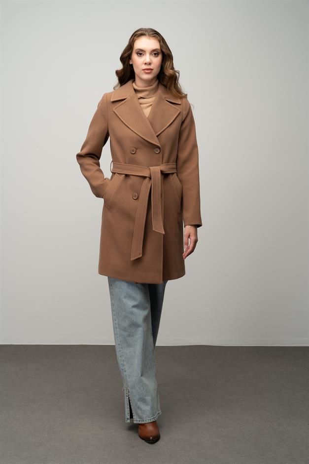 معطف مزدوج الصدر مربوط عند الخصر التبغ 3058