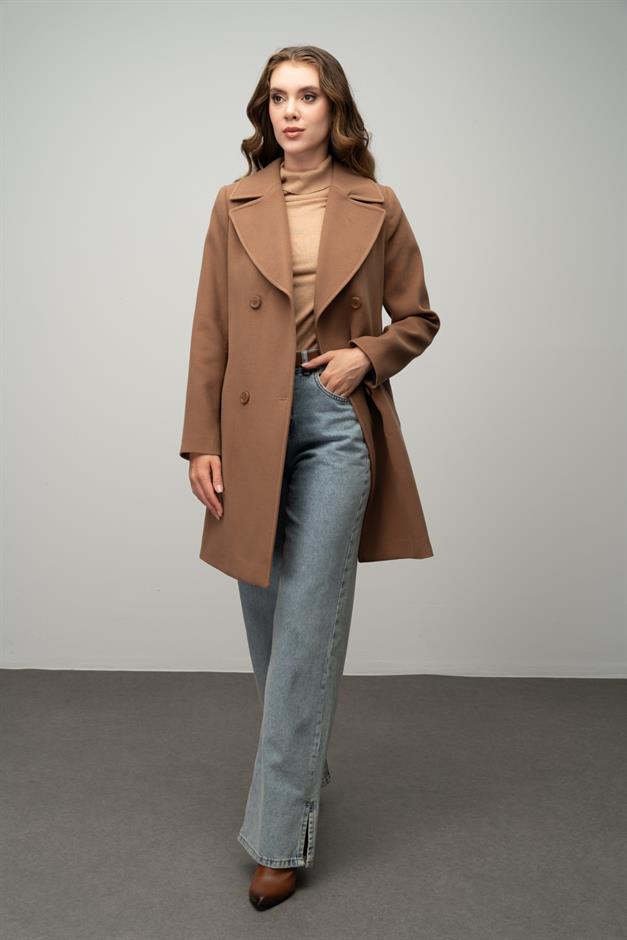 معطف مزدوج الصدر مربوط عند الخصر التبغ 3058