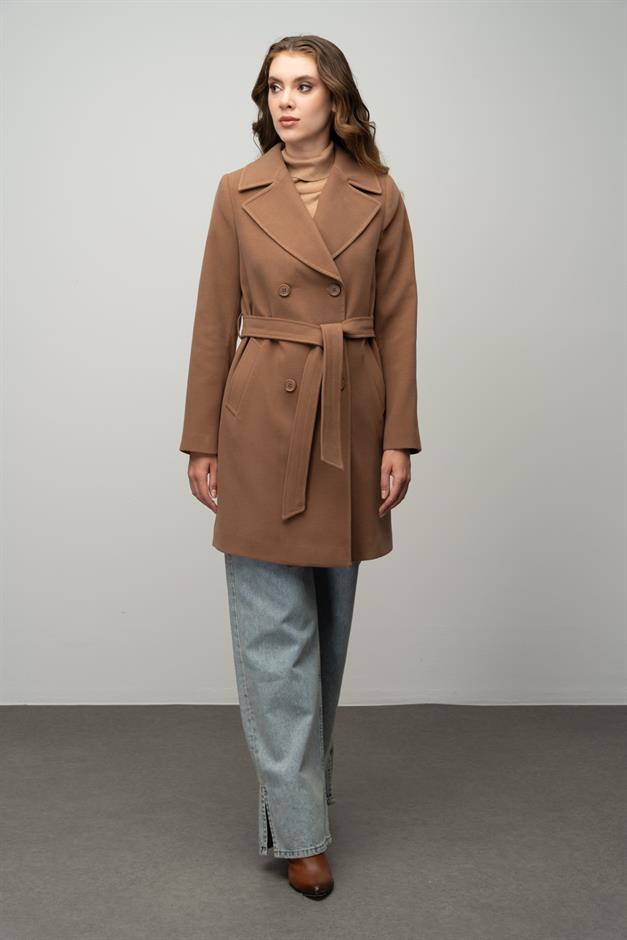 معطف مزدوج الصدر مربوط عند الخصر التبغ 3058