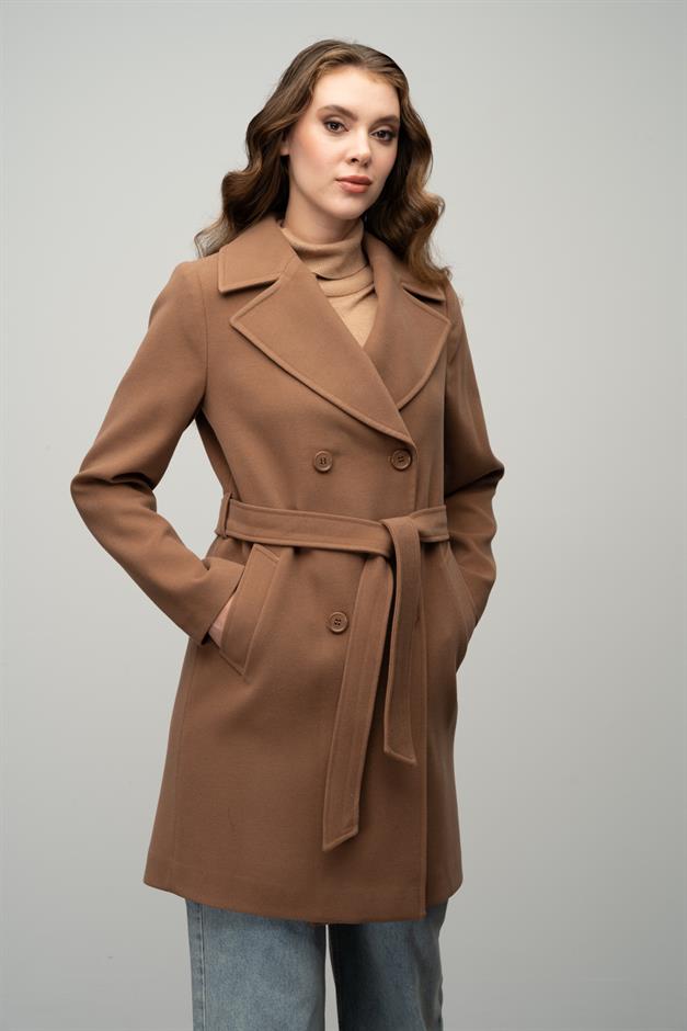 معطف مزدوج الصدر مربوط عند الخصر التبغ 3058