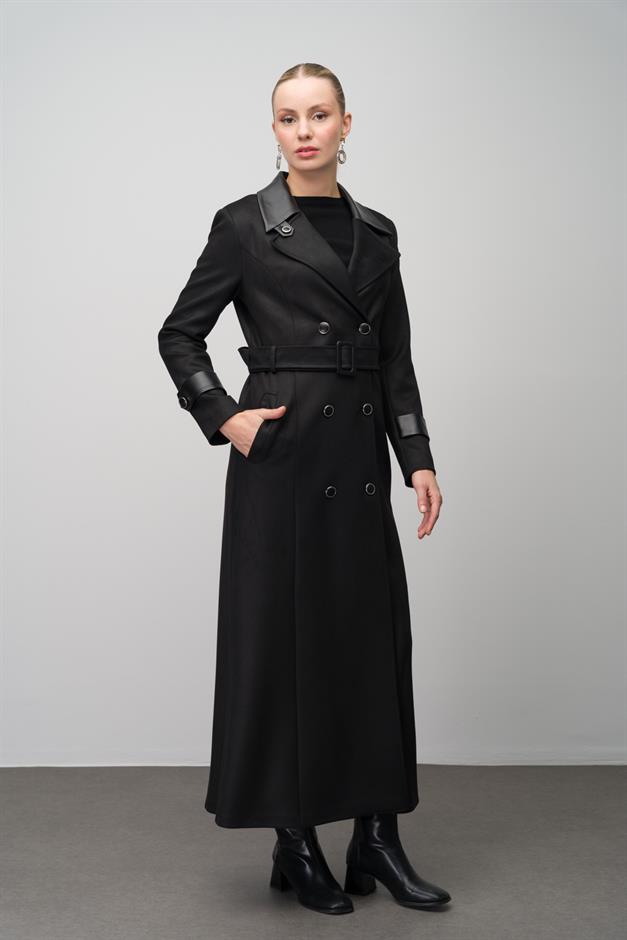 Kruvaze Deri Garnili Gabardin Süet Görünümlü Pardesü SİYAH 6647