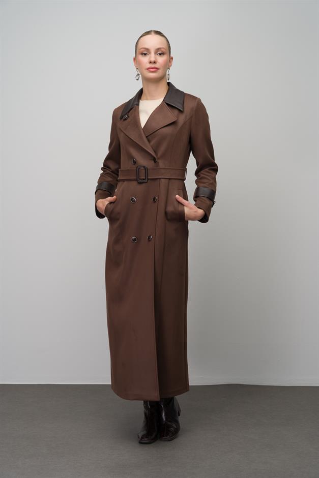 Kruvaze Deri Garnili Gabardin Süet Görünümlü Pardesü KAHVE 6647