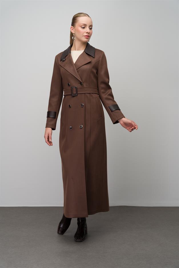 Kruvaze Deri Garnili Gabardin Süet Görünümlü Pardesü KAHVE 6647