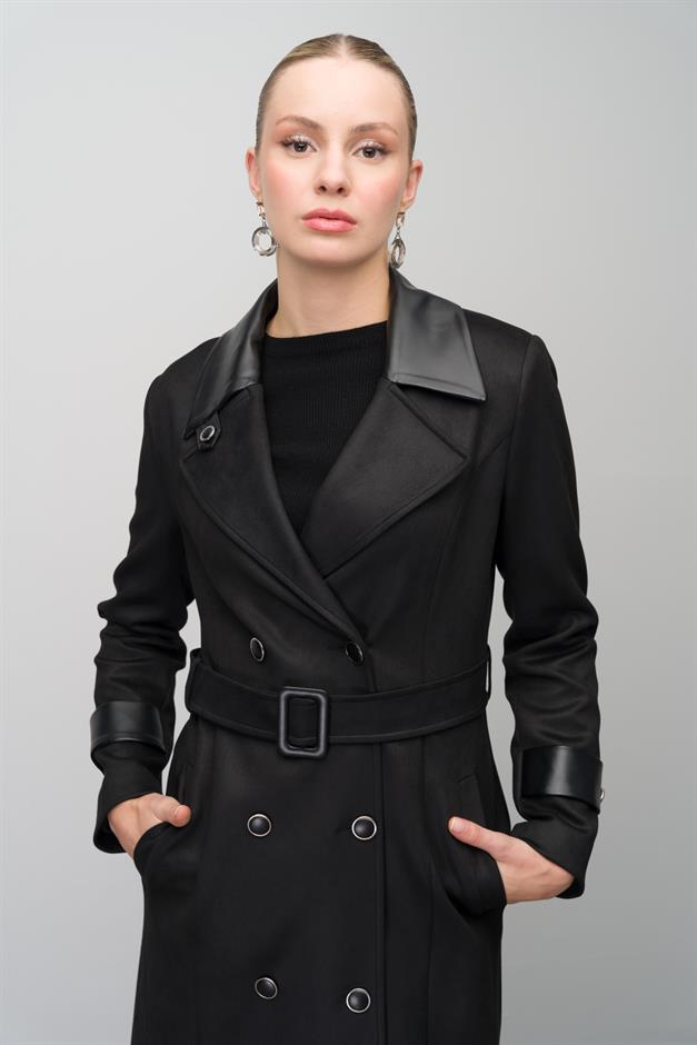 Kruvaze Deri Garnili Gabardin Süet Görünümlü Pardesü SİYAH 6647