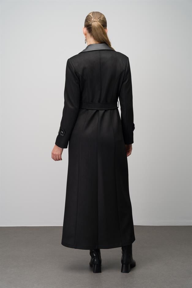 Kruvaze Deri Garnili Gabardin Süet Görünümlü Pardesü SİYAH 6647