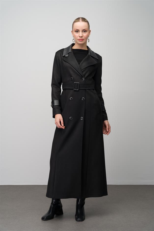 Kruvaze Deri Garnili Gabardin Süet Görünümlü Pardesü SİYAH 6647