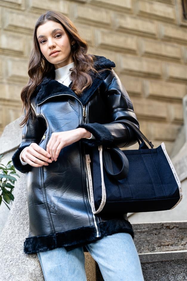 Double-breasted Zippered Fur-lined Leather Coat BLACK 6514-D