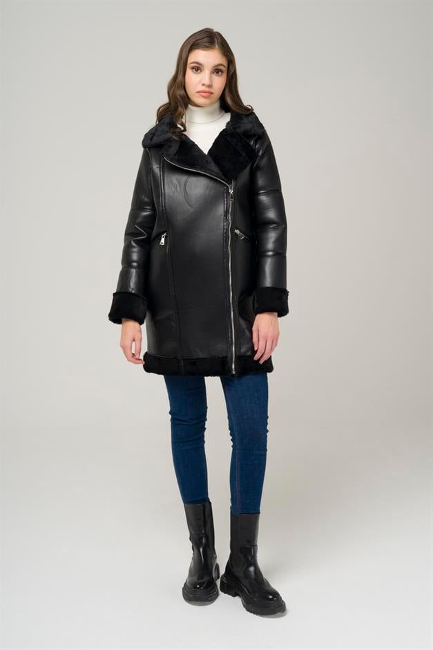 Double-breasted Zippered Fur-lined Leather Coat BLACK 6514-D