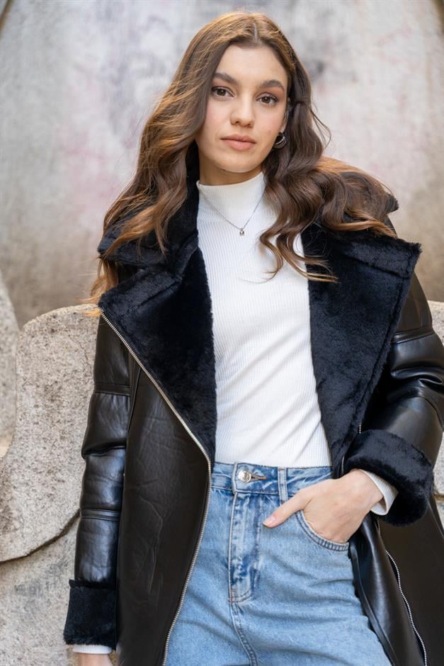 Double-breasted Zippered Fur-lined Leather Coat BLACK 6514-D