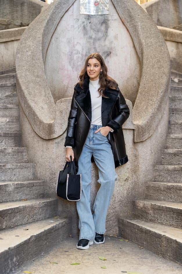 Double-breasted Zippered Fur-lined Leather Coat BLACK 6514-D