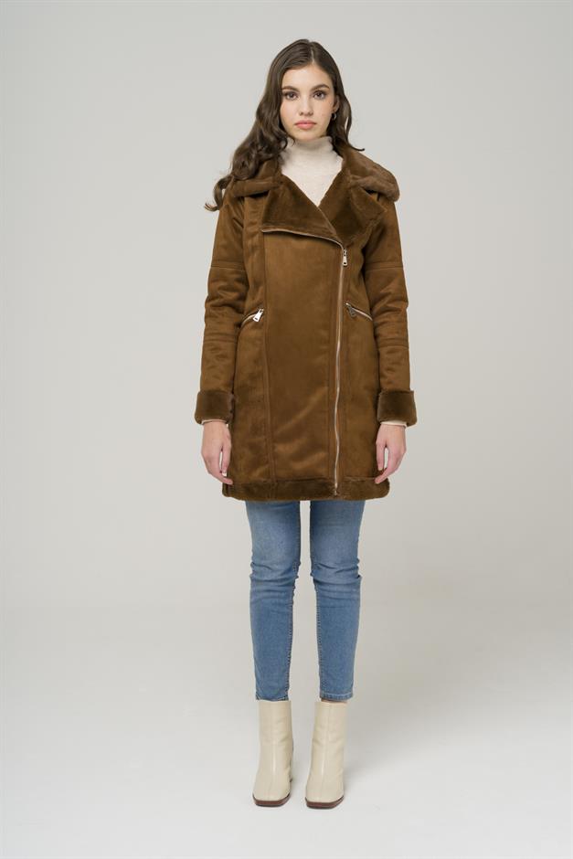 Double-breasted Zippered Suede Coat with Fur Lining CAMEL 6514