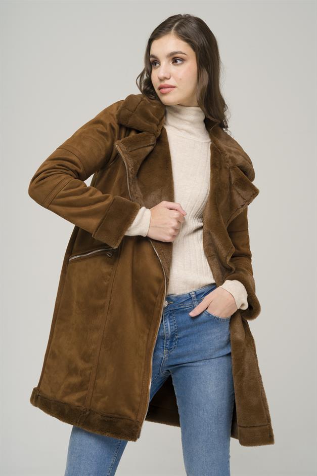 Double-breasted Zippered Suede Coat with Fur Lining CAMEL 6514
