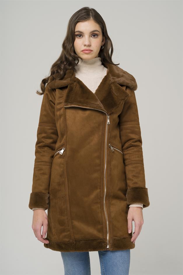 Double-breasted Zippered Suede Coat with Fur Lining CAMEL 6514