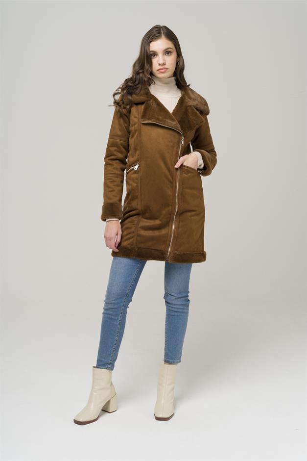 Double-breasted Zippered Suede Coat with Fur Lining CAMEL 6514