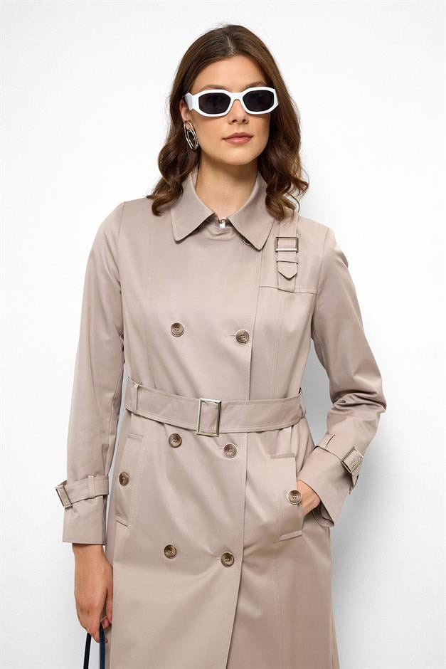 Double-Breasted Shirt Collar Shoulder Belt Accessory Water Repellent Trench Coat STONE 6763