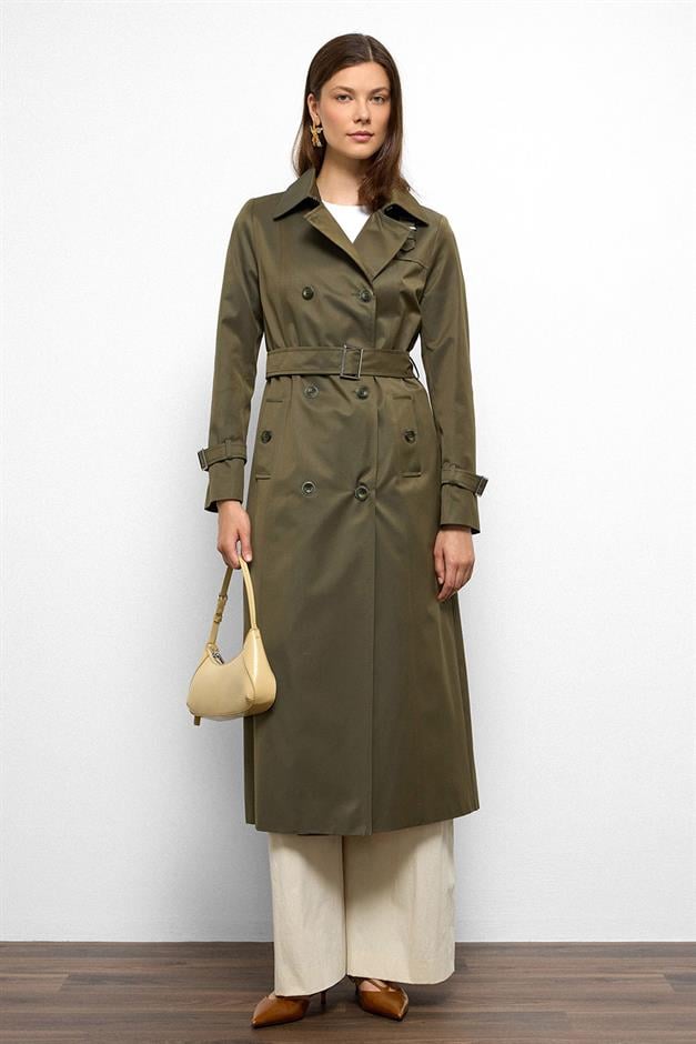 Double-Breasted Shirt Collar Shoulder Belt Accessory Water Repellent Trench Coat A.HAKİ 6763