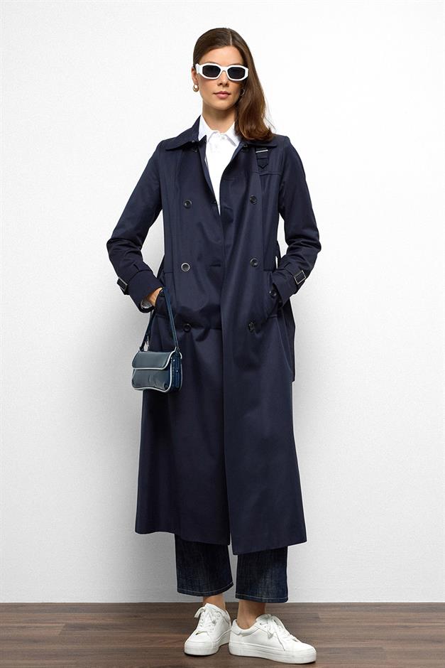 Double-Breasted Shirt Collar Shoulder Belt Accessory Water Repellent Trench Coat NAVY 6763