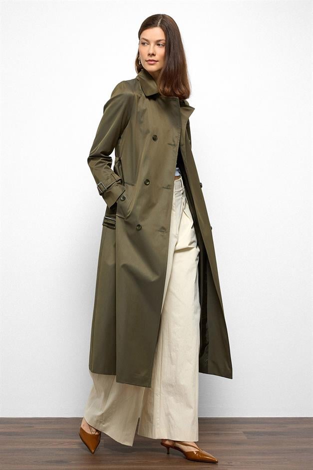 Double-Breasted Shirt Collar Shoulder Belt Accessory Water Repellent Trench Coat A.HAKİ 6763