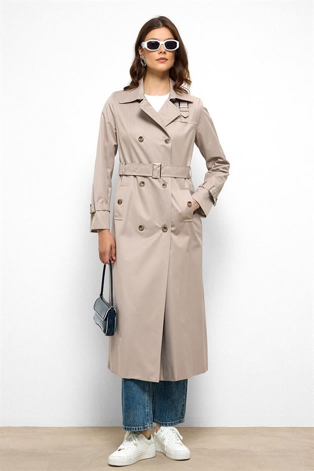 Double-Breasted Shirt Collar Shoulder Belt Accessory Water Repellent Trench Coat STONE 6763