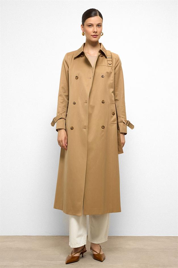 Double-Breasted Shirt Collar Shoulder Belt Accessory Water Repellent Trench Coat K. KAMEL 6763