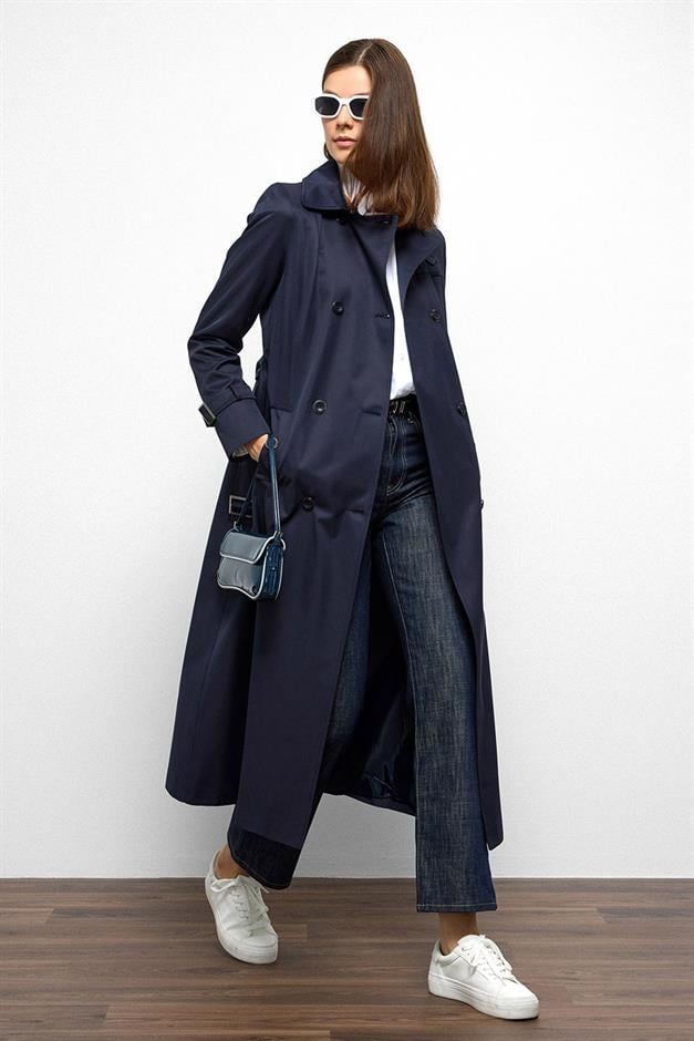 Double-Breasted Shirt Collar Shoulder Belt Accessory Water Repellent Trench Coat NAVY 6763