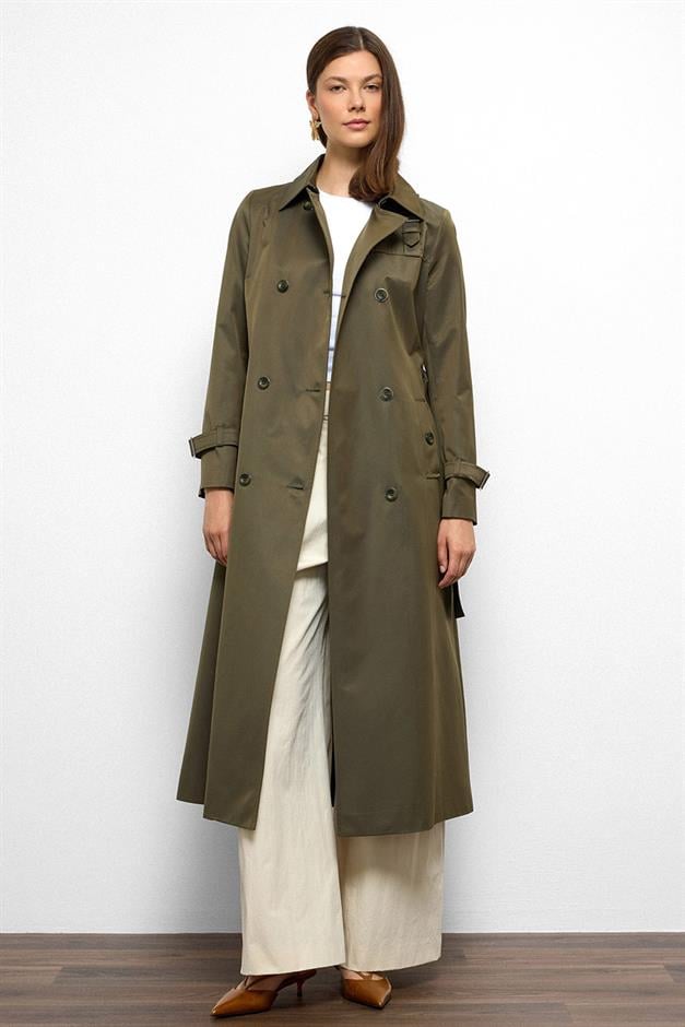 Double-Breasted Shirt Collar Shoulder Belt Accessory Water Repellent Trench Coat A.HAKİ 6763