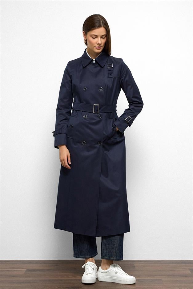 Double-Breasted Shirt Collar Shoulder Belt Accessory Water Repellent Trench Coat NAVY 6763