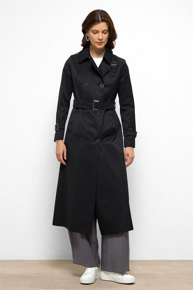 Double-Breasted Shirt Collar Shoulder Belt Accessory Water Repellent Trench Coat BLACK 6763