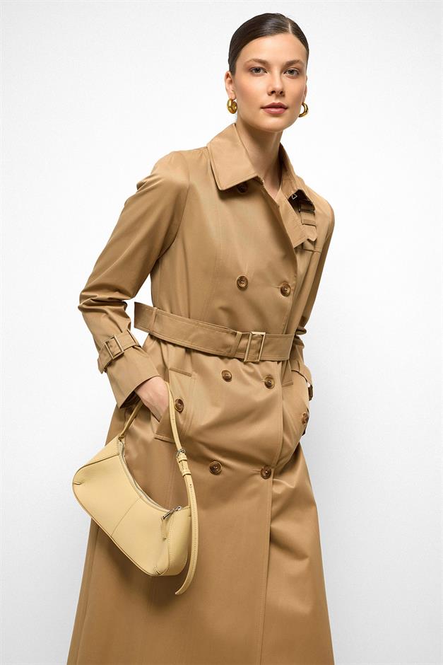 Double-Breasted Shirt Collar Shoulder Belt Accessory Water Repellent Trench Coat K. KAMEL 6763