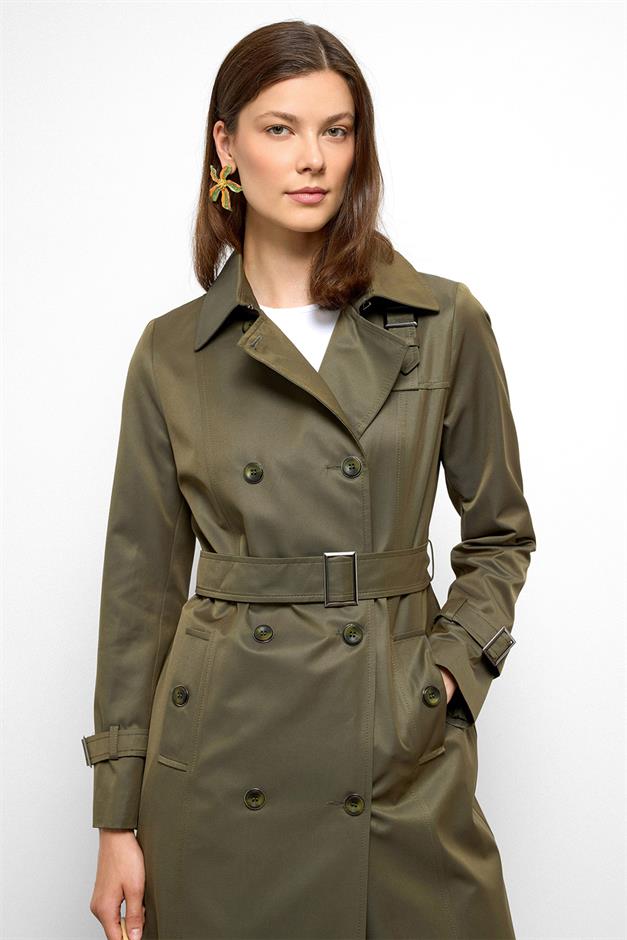 Double-Breasted Shirt Collar Shoulder Belt Accessory Water Repellent Trench Coat A.HAKİ 6763
