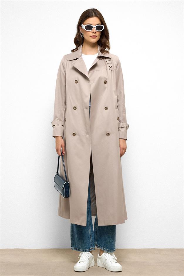 Double-Breasted Shirt Collar Shoulder Belt Accessory Water Repellent Trench Coat STONE 6763