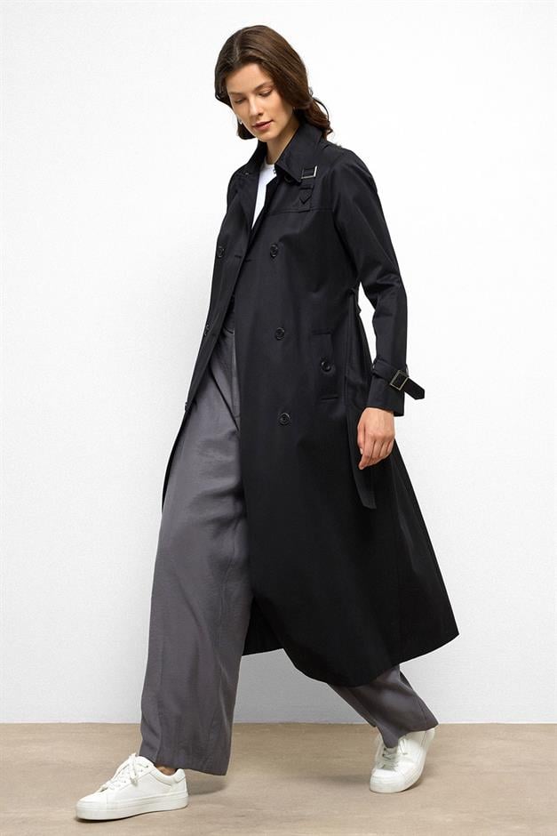 Double-Breasted Shirt Collar Shoulder Belt Accessory Water Repellent Trench Coat BLACK 6763