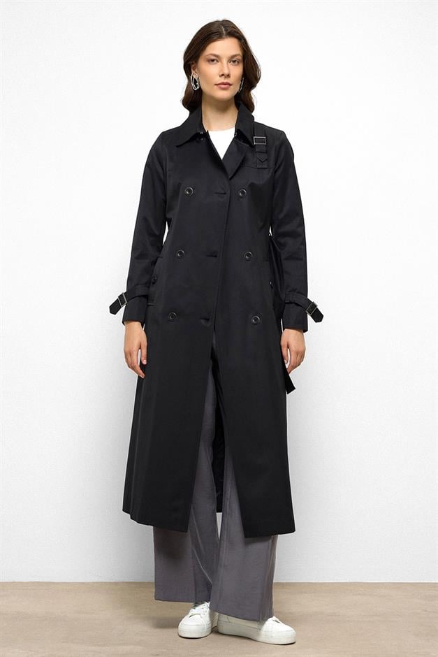 Double-Breasted Shirt Collar Shoulder Belt Accessory Water Repellent Trench Coat BLACK 6763