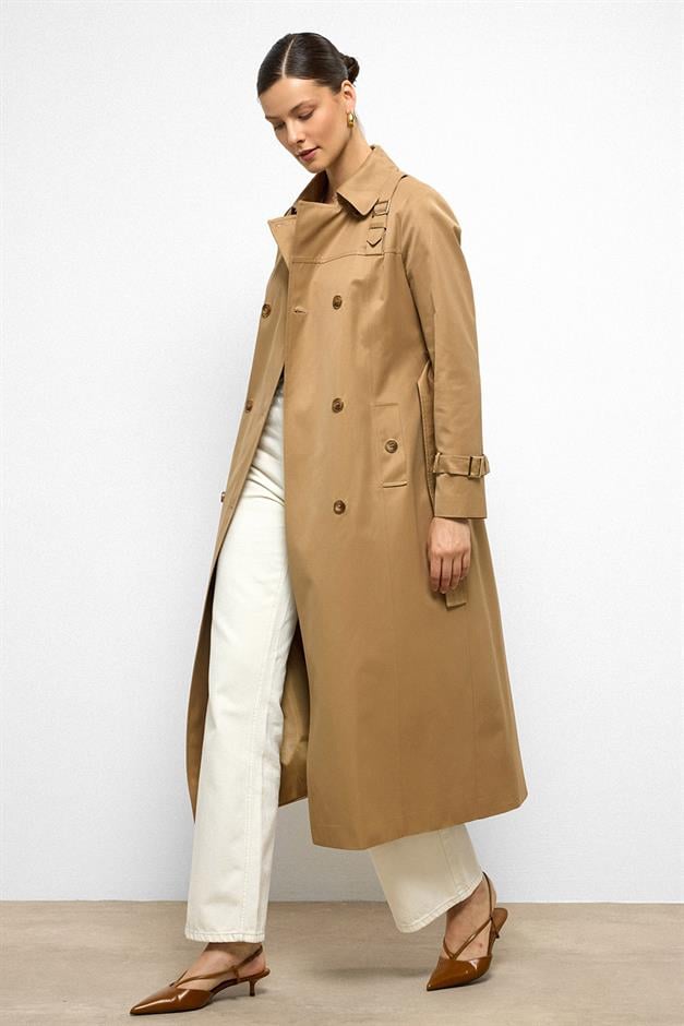 Double-Breasted Shirt Collar Shoulder Belt Accessory Water Repellent Trench Coat K. KAMEL 6763