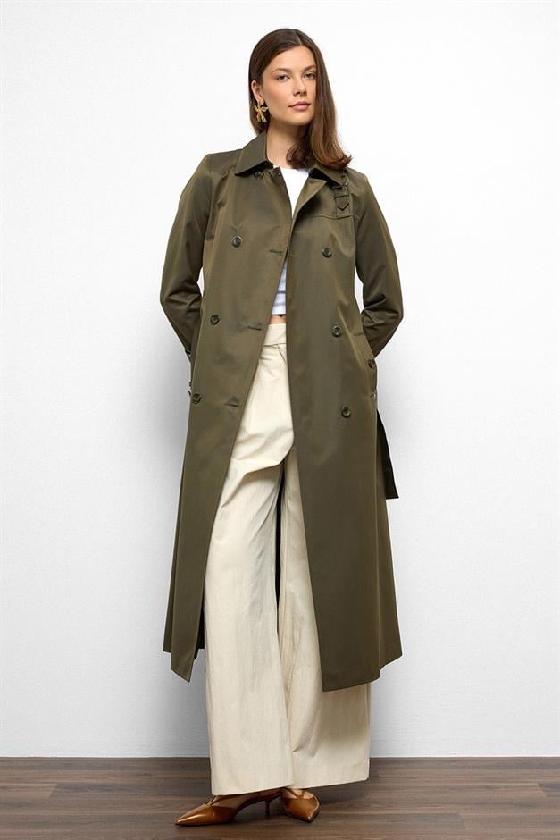 Double-Breasted Shirt Collar Shoulder Belt Accessory Water Repellent Trench Coat A.HAKİ 6763