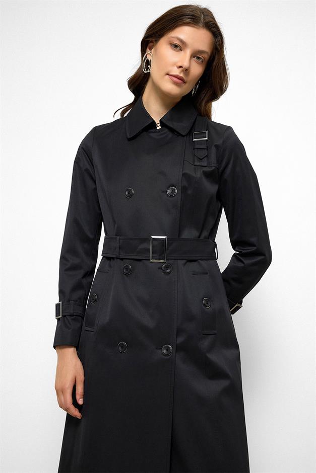 Double-Breasted Shirt Collar Shoulder Belt Accessory Water Repellent Trench Coat BLACK 6763