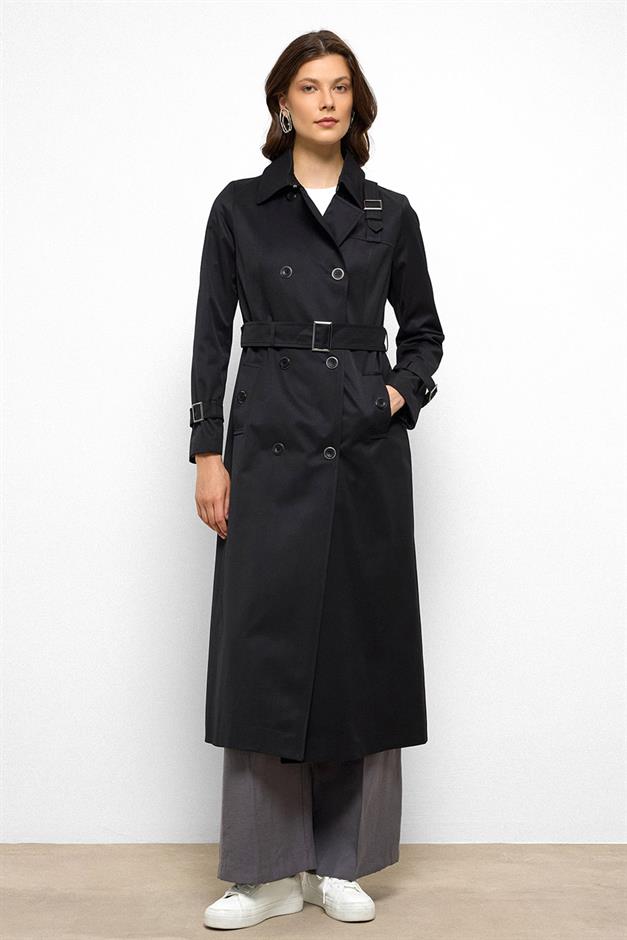 Double-Breasted Shirt Collar Shoulder Belt Accessory Water Repellent Trench Coat BLACK 6763