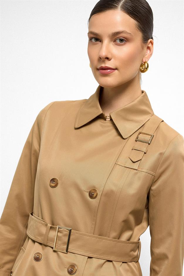 Double-Breasted Shirt Collar Shoulder Belt Accessory Water Repellent Trench Coat K. KAMEL 6763