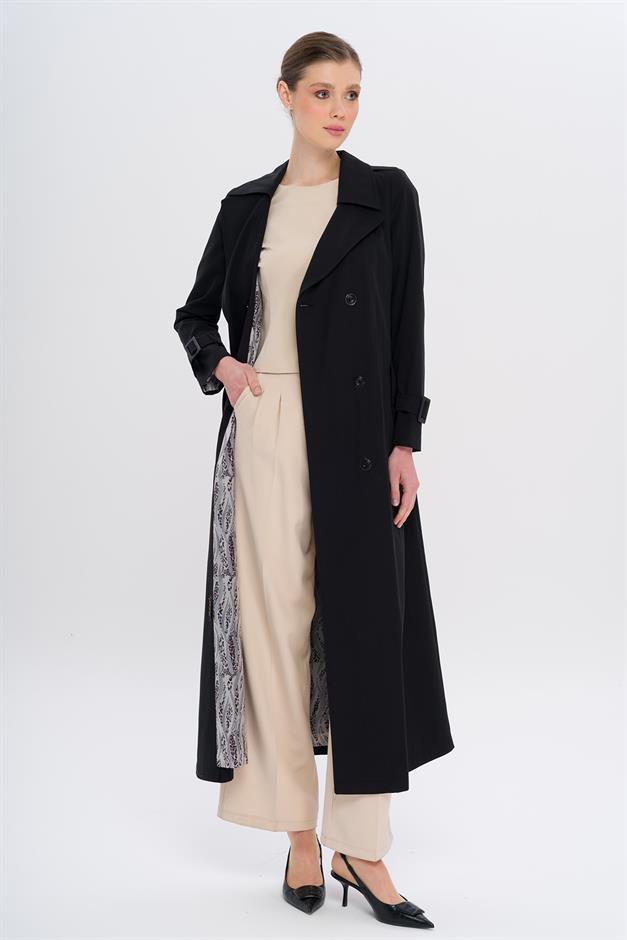 Double-Breasted Leopard Pattern Lined Water-Repellent Long Trench Coat BLACK 6747
