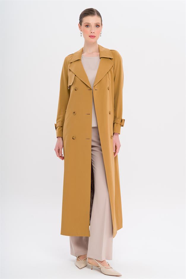 Double-Breasted Leopard Pattern Lined Water-Repellent Long Trench Coat CAMEL 6747