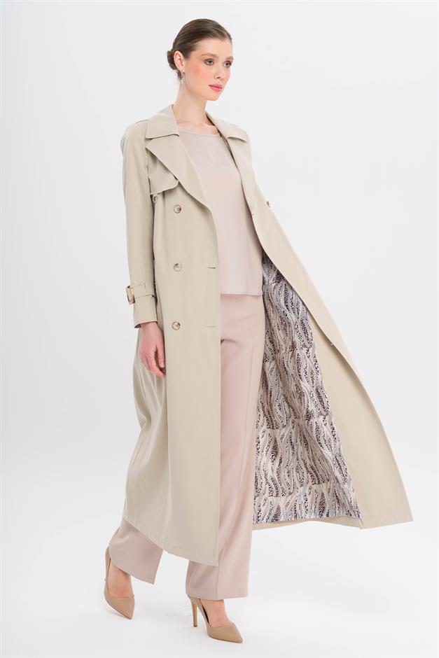 Double-Breasted Leopard Pattern Lined Water-Repellent Long Trench Coat STONE 6747