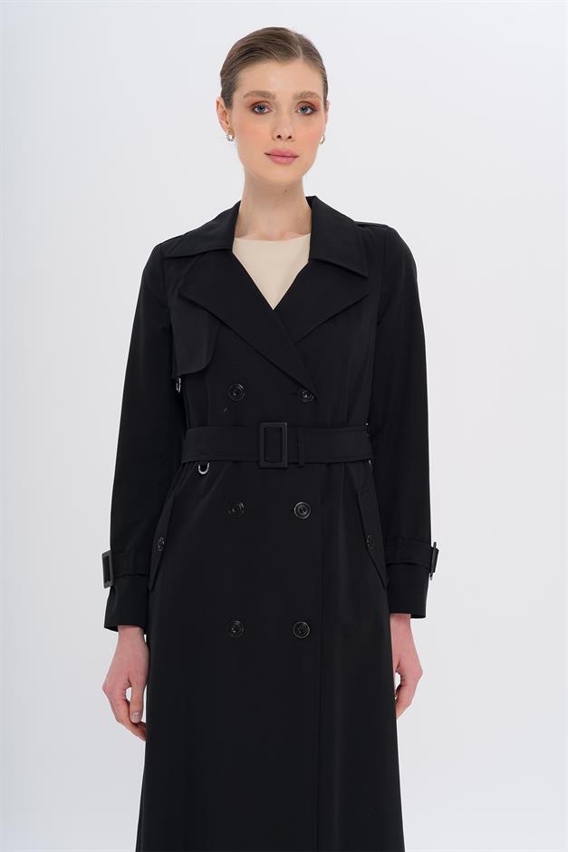 Double-Breasted Leopard Pattern Lined Water-Repellent Long Trench Coat BLACK 6747