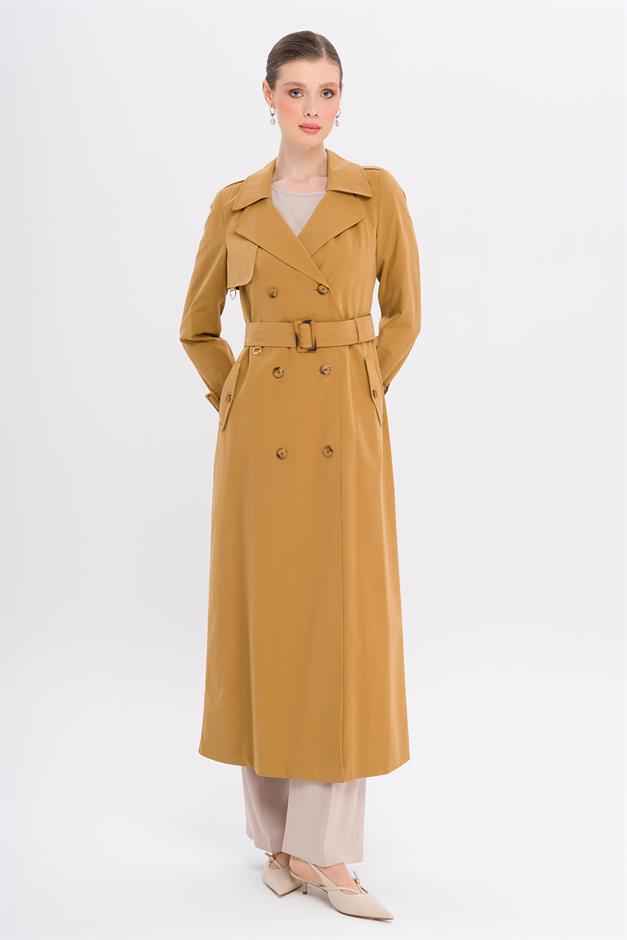 Double-Breasted Leopard Pattern Lined Water-Repellent Long Trench Coat CAMEL 6747