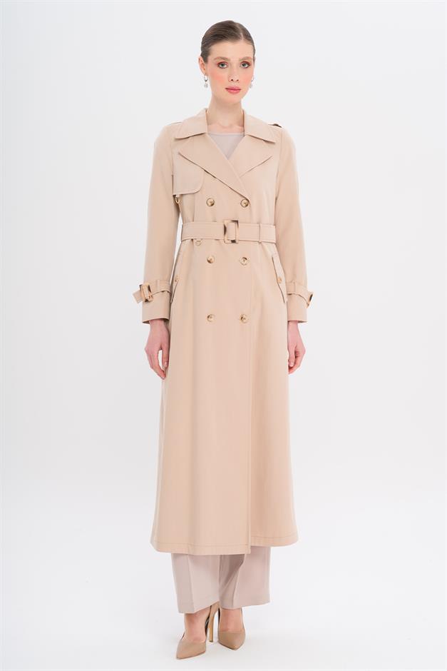 Double-Breasted Leopard Pattern Lined Water-Repellent Long Trench Coat IVORY 6747