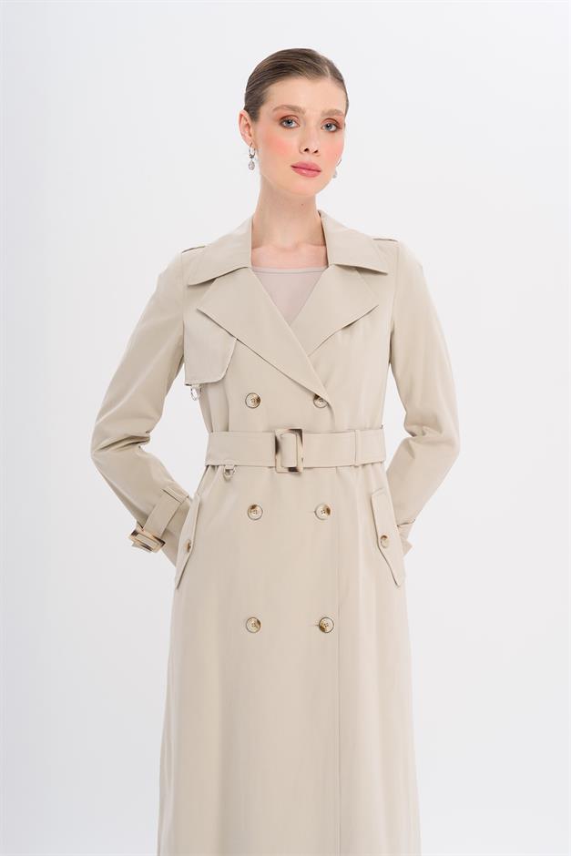 Double-Breasted Leopard Pattern Lined Water-Repellent Long Trench Coat STONE 6747