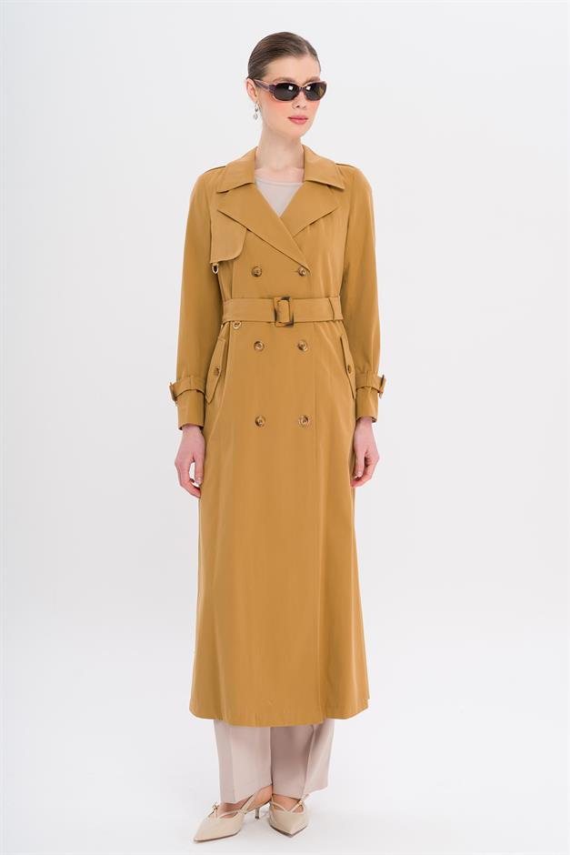 Double-Breasted Leopard Pattern Lined Water-Repellent Long Trench Coat CAMEL 6747