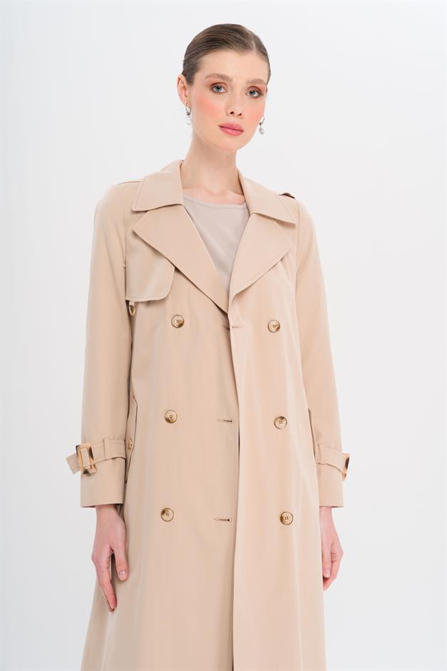 Double-Breasted Leopard Pattern Lined Water-Repellent Long Trench Coat IVORY 6747