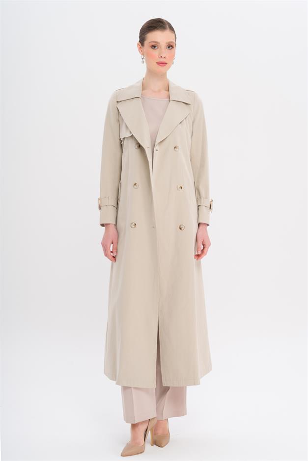 Double-Breasted Leopard Pattern Lined Water-Repellent Long Trench Coat STONE 6747