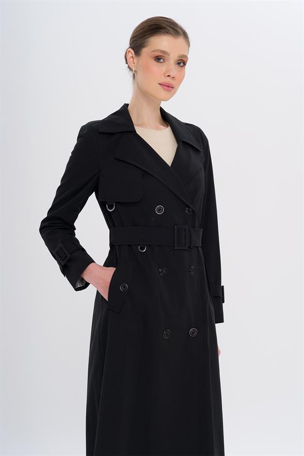 Double-Breasted Leopard Pattern Lined Water-Repellent Long Trench Coat BLACK 6747