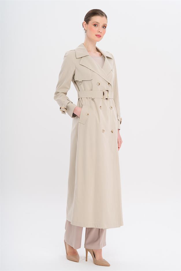 Double-Breasted Leopard Pattern Lined Water-Repellent Long Trench Coat STONE 6747